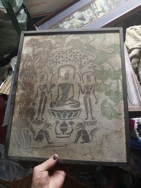 mid-century modern textile artwork, often titled "Buddha and Attendants 14"x17"